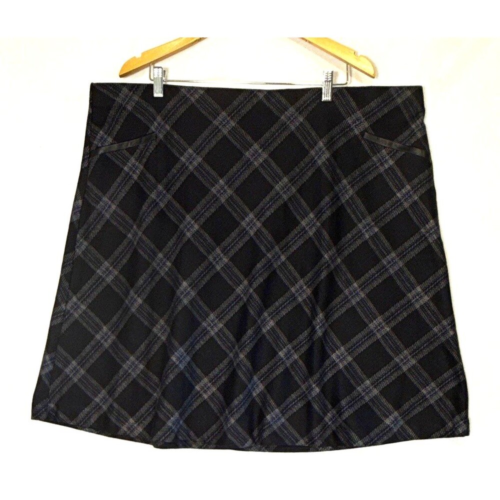 Roz & Ali Plus 3X Plaid Pull-On A-Line Short Skirt Faux Leather Pockets Academia